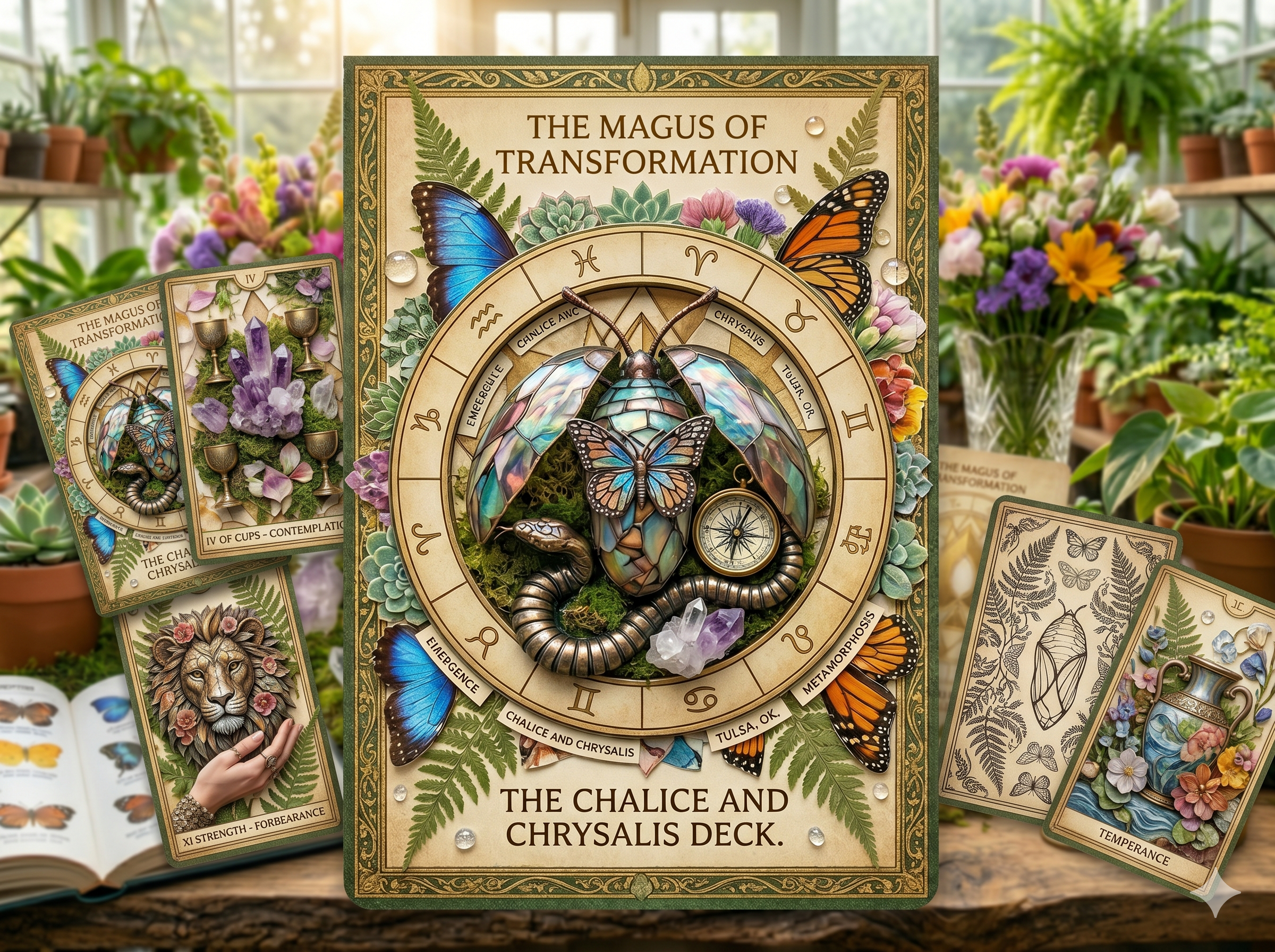 tarot deck card set with multiple cards and transformation symbols butterflies and nature elements