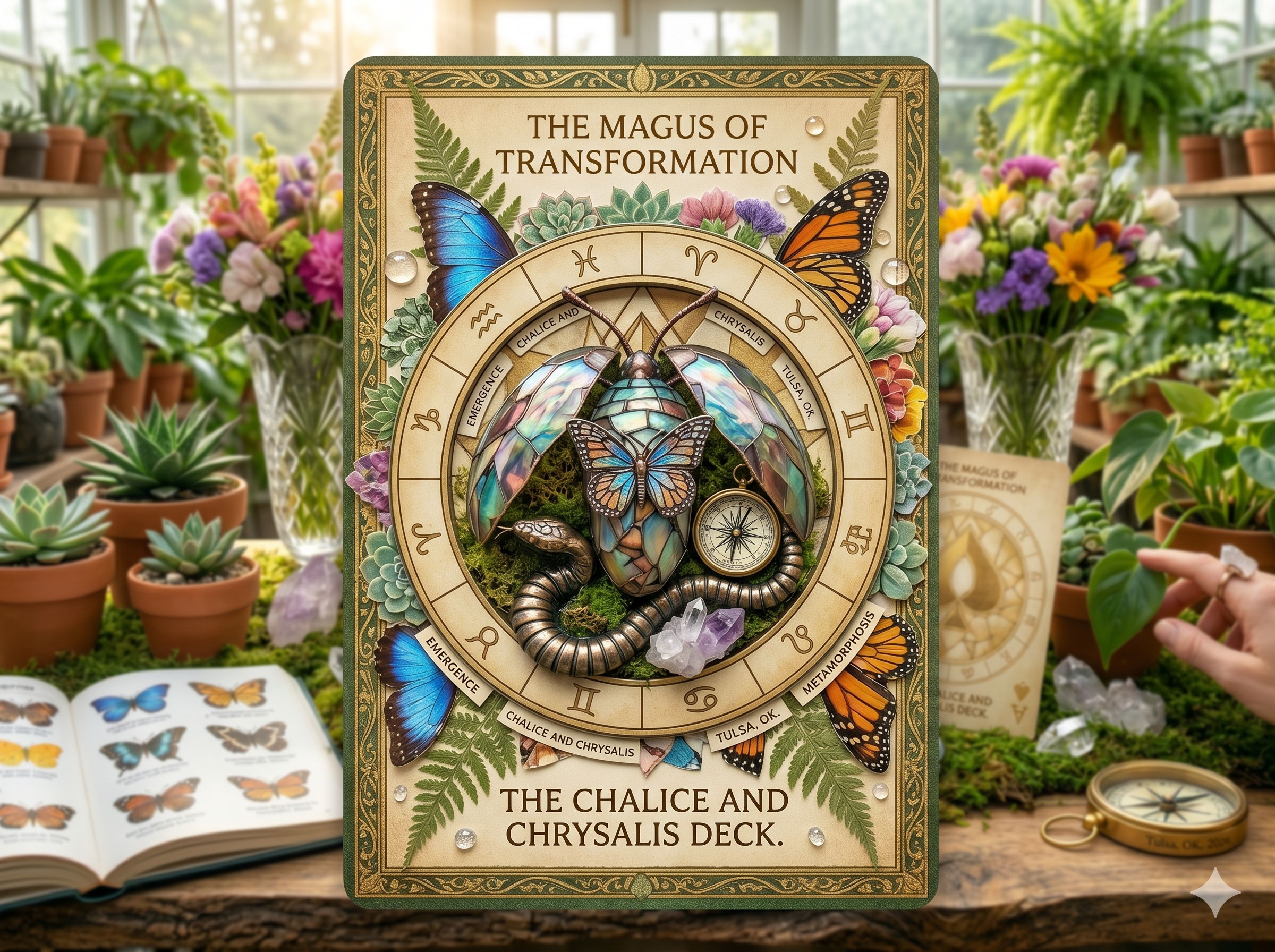 tarot deck concept art with butterfly transformation symbols zodiac wheel and crystals