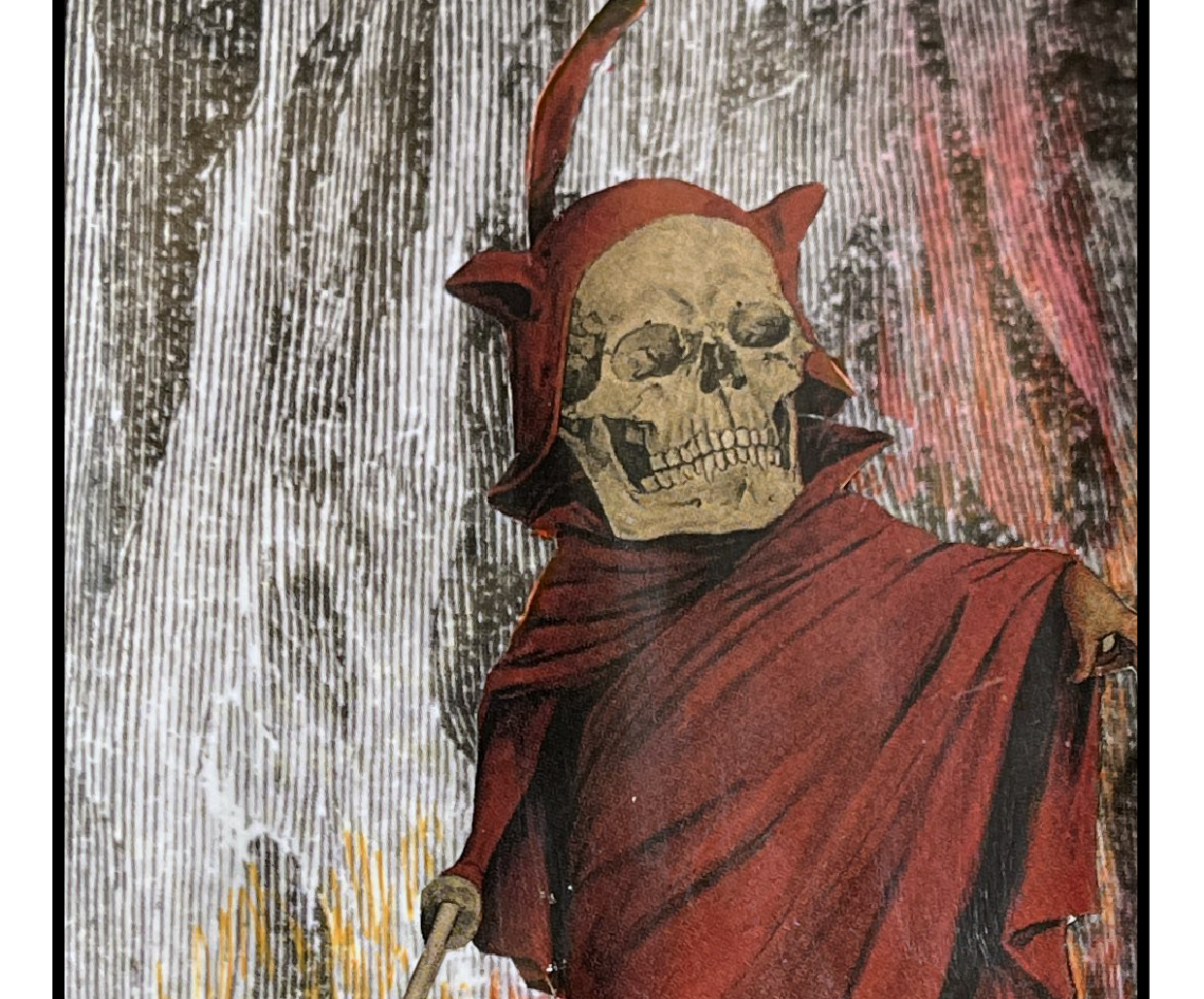 collage style Devil tarot card with skull figure in red hooded robe