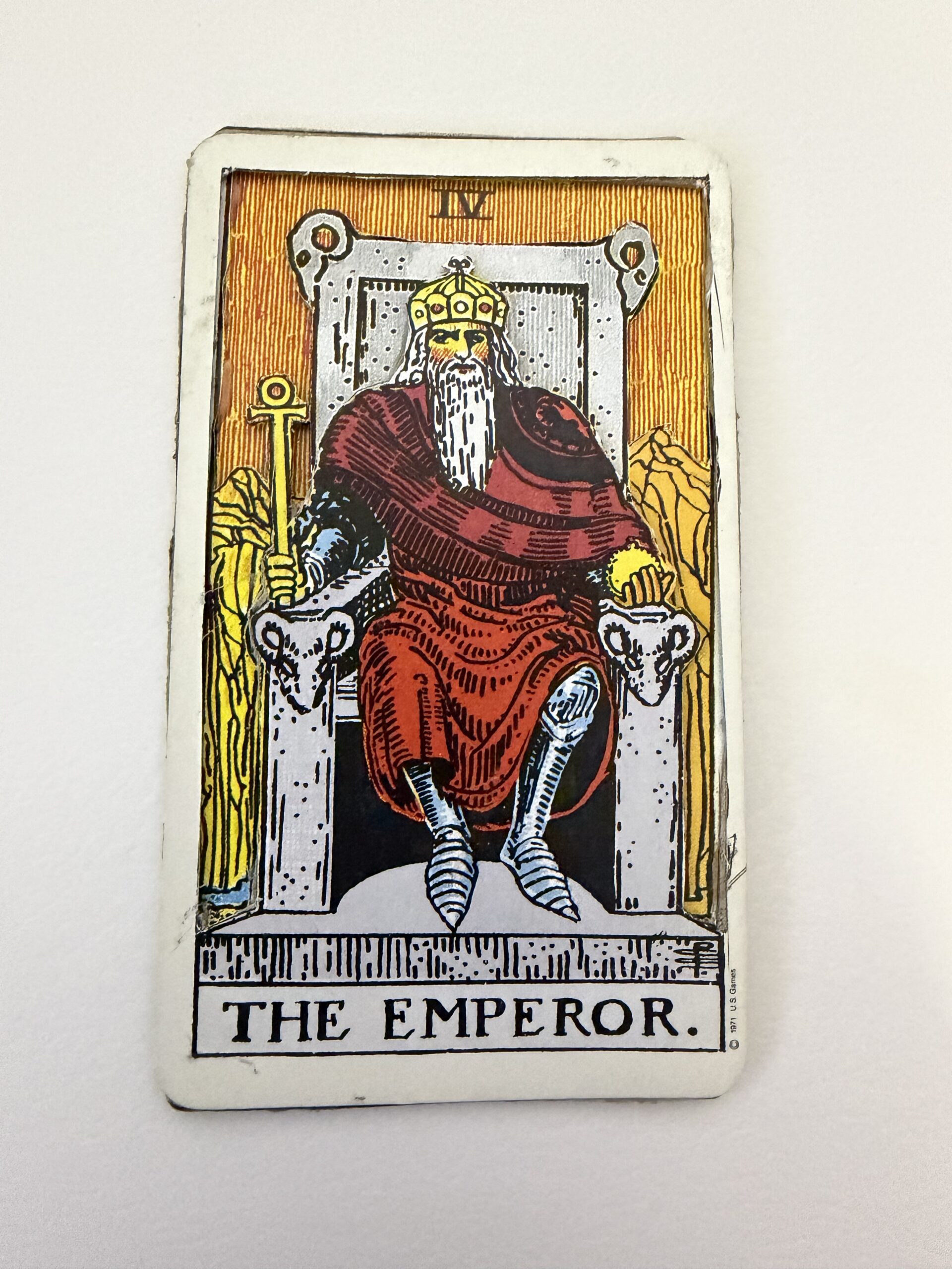 3D layered Emperor tarot card with seated ruler on throne full view
