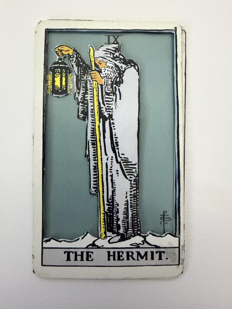3D layered Hermit tarot card full view with lantern and staff