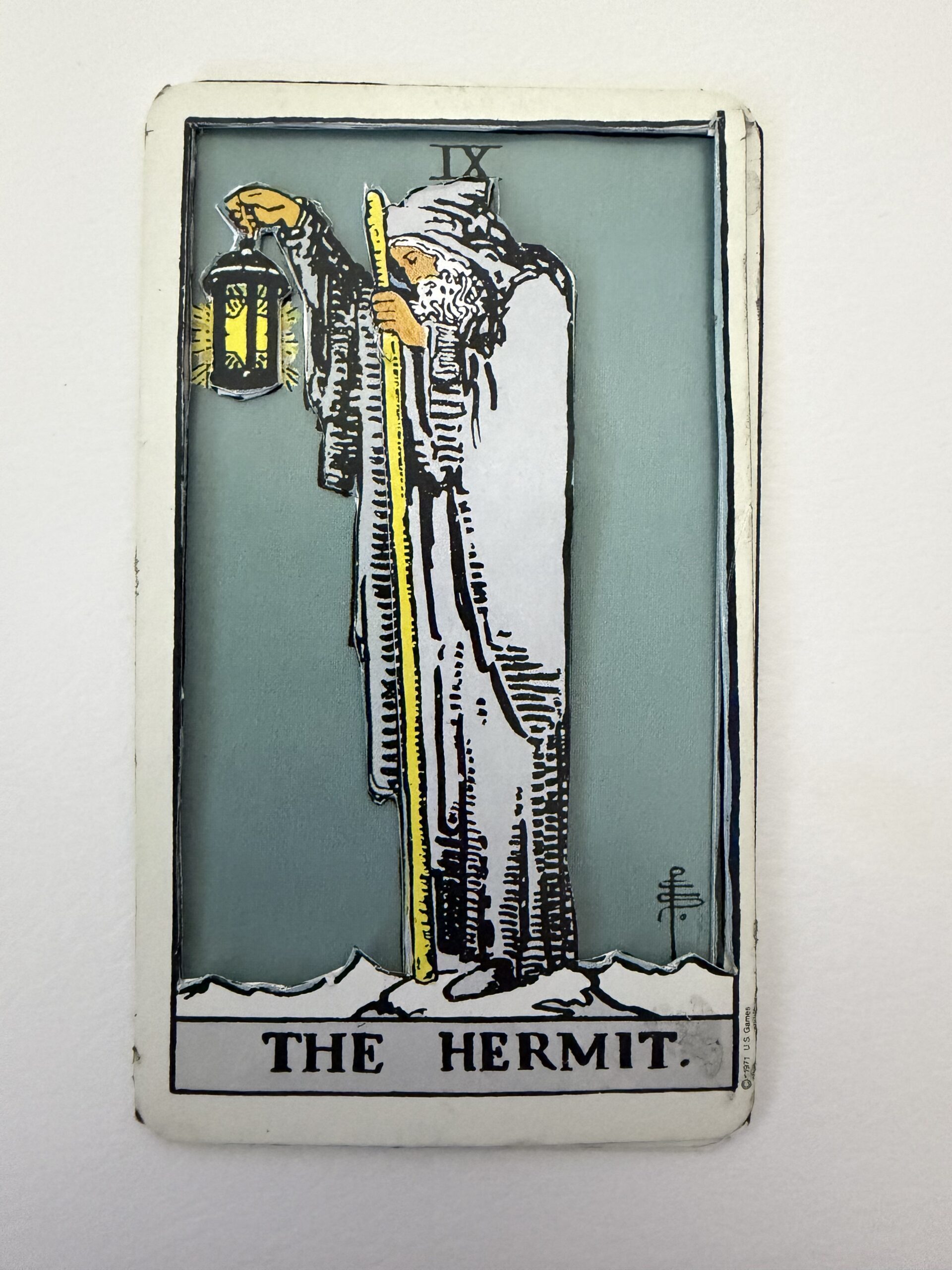 3D layered Hermit tarot card full view with lantern and staff