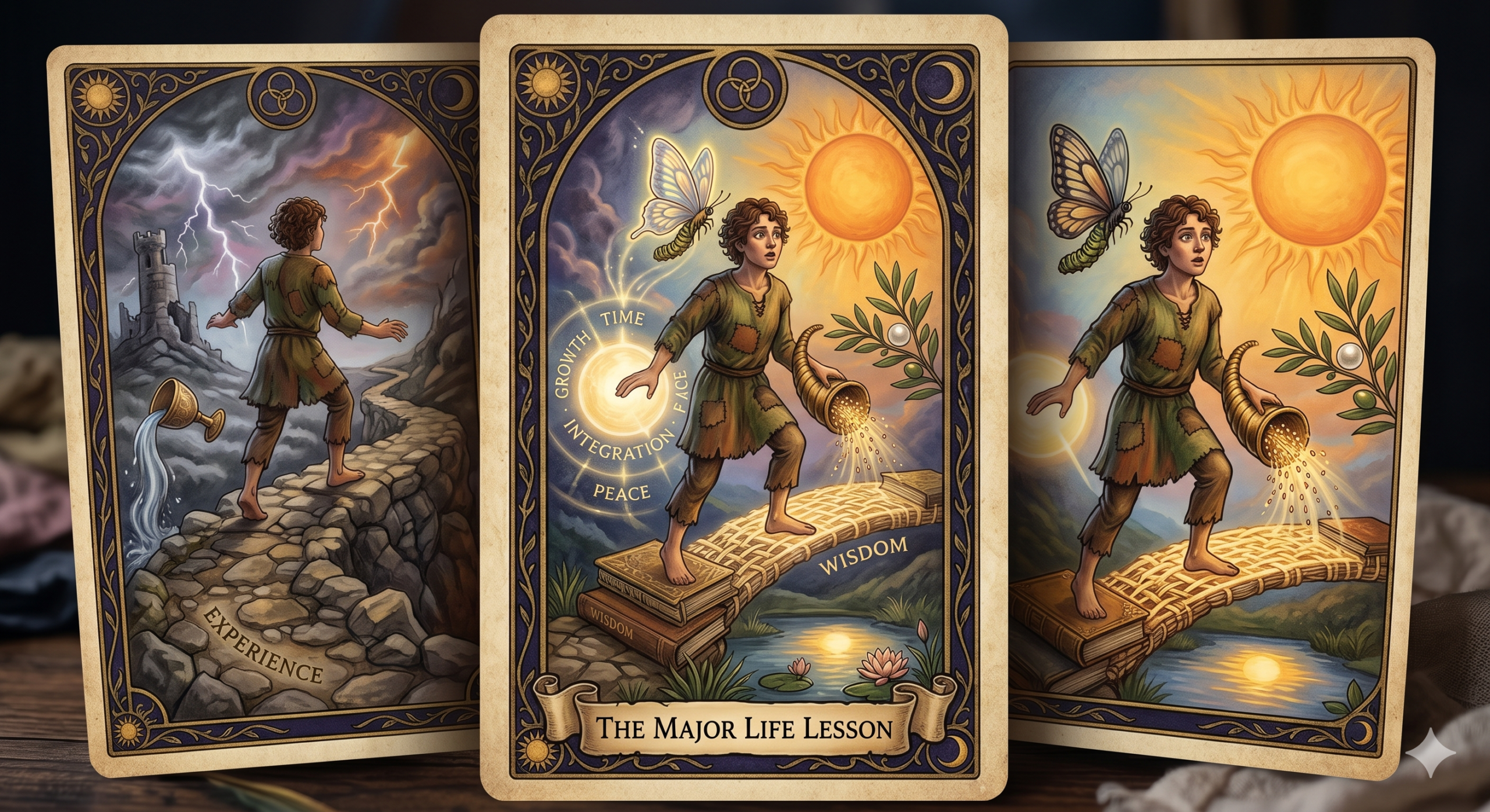 three tarot style cards showing life journey from chaos to wisdom with figure crossing path