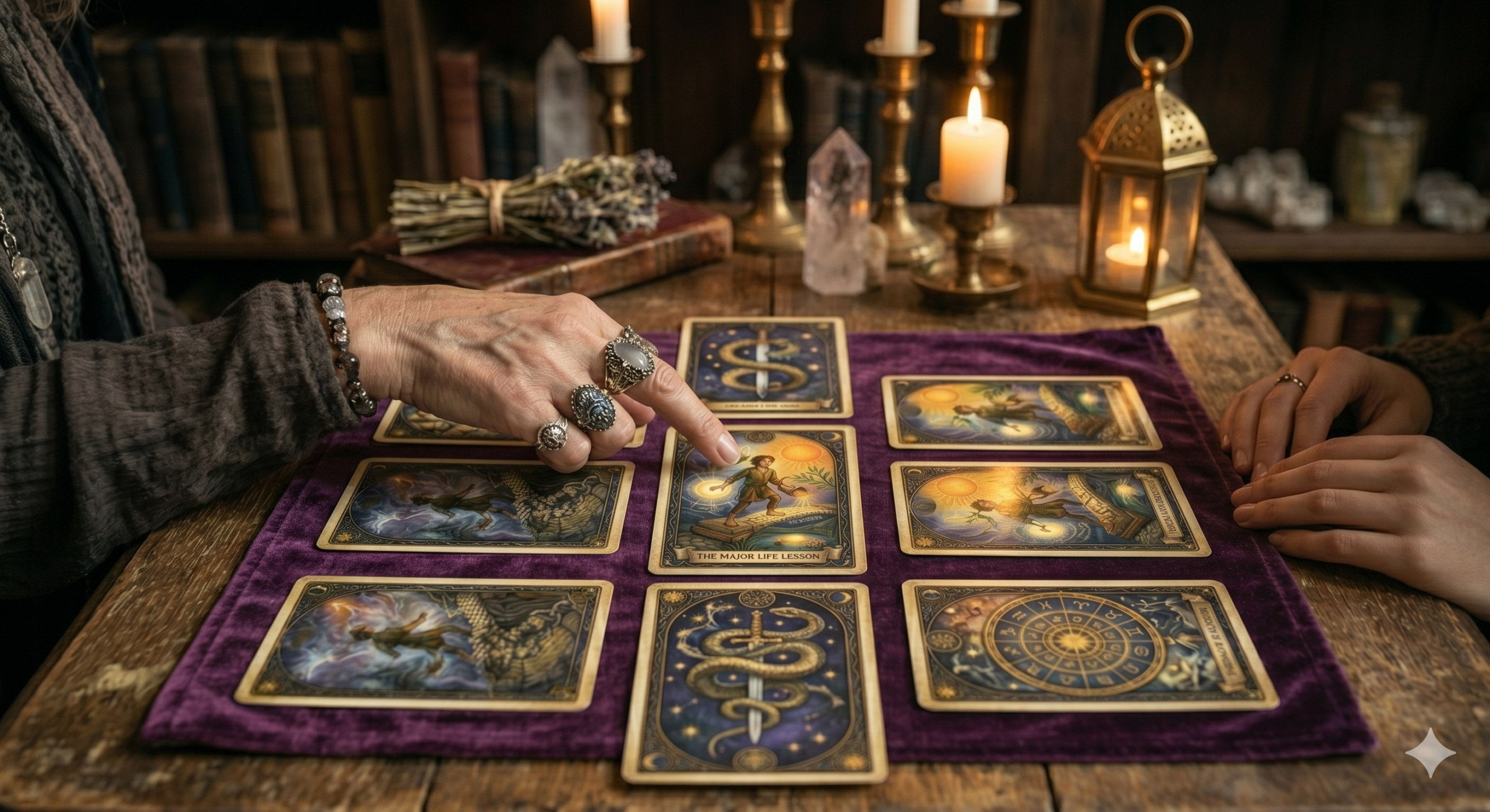 tarot reading spread with cards on table and hands pointing during session